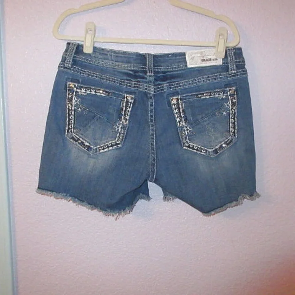 Grace In LA Star Embroidered Jean Shorts Size 30 Rhinestones Bling Stretch Denim